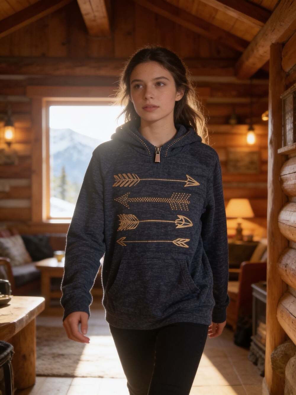 SJS Womens Hoodie Shirt Heathered Blue Gold Arrows Pockets Soft